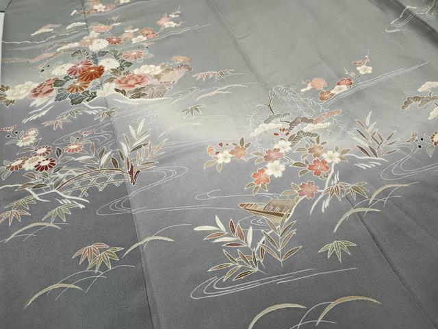 平和屋着物●訪問着　流水竹垣草花文　暈し染め　金彩　鬼しぼ縮緬　正絹　逸品　CAAY5153ut