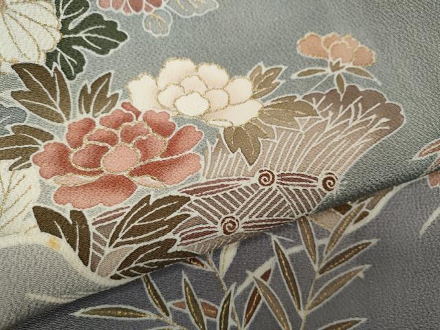平和屋着物●訪問着　流水竹垣草花文　暈し染め　金彩　鬼しぼ縮緬　正絹　逸品　CAAY5153ut