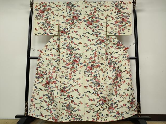 平和屋着物●上質な小紋　型染め　流水飛鳥花文　正絹　逸品　CAAY5159ut