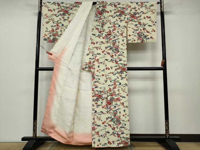 平和屋着物●上質な小紋　型染め　流水飛鳥花文　正絹　逸品　CAAY5159ut