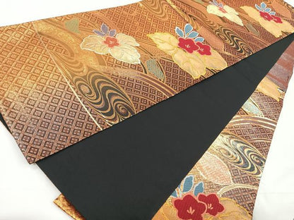 平和屋着物◎六通柄袋帯 唐織 流水桐文 黒地 金糸 正絹 逸品 CAAY5213nb