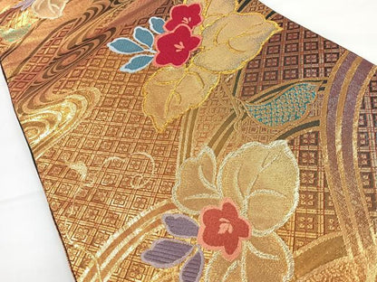 平和屋着物◎六通柄袋帯 唐織 流水桐文 黒地 金糸 正絹 逸品 CAAY5213nb