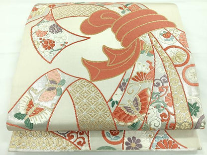 平和屋着物◎六通柄袋帯　唐織　束ね熨斗舞蝶花鳥文　金銀糸　正絹　逸品　CAAY5226nb
