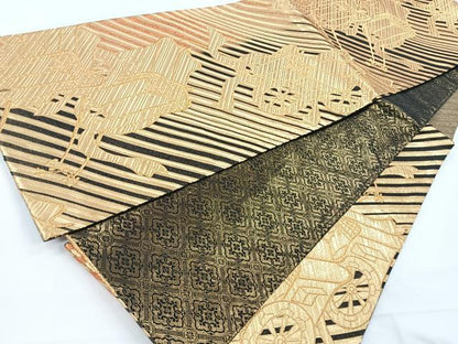 平和屋着物◎六通柄袋帯　斜縞御所車文　黒地　金糸　正絹　逸品　CAAY5227nb