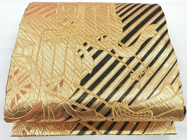 平和屋着物◎六通柄袋帯　斜縞御所車文　黒地　金糸　正絹　逸品　CAAY5227nb