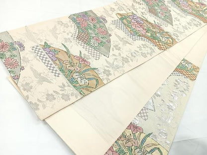 平和屋着物◎六通柄袋帯 地紙飛鶴花文 金銀糸 正絹 逸品 CAAY5228nb