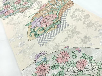 平和屋着物◎六通柄袋帯 地紙飛鶴花文 金銀糸 正絹 逸品 CAAY5228nb