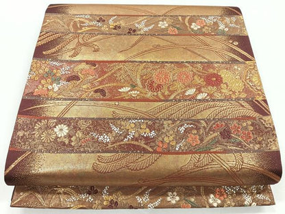 平和屋着物◎六通柄袋帯　から織　横段草花文　金糸　引箔　正絹　逸品　CAAY5309nb