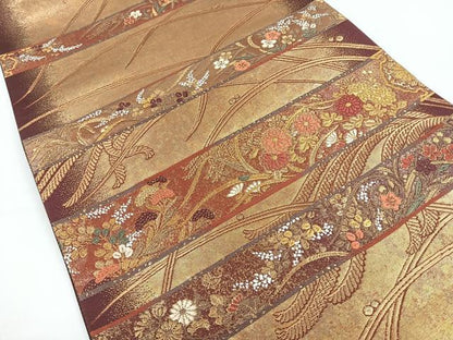 平和屋着物◎六通柄袋帯　から織　横段草花文　金糸　引箔　正絹　逸品　CAAY5309nb