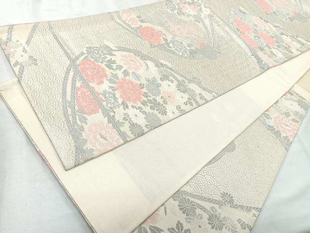 平和屋着物◎六通柄袋帯　唐織　孔雀花文　銀糸　正絹　逸品　CAAY5332nb