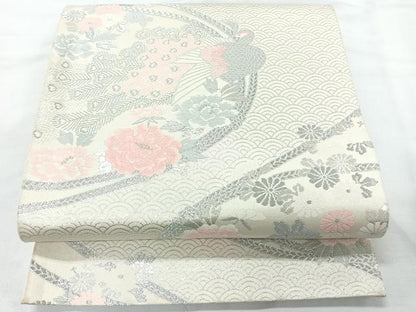 平和屋着物◎六通柄袋帯　唐織　孔雀花文　銀糸　正絹　逸品　CAAY5332nb