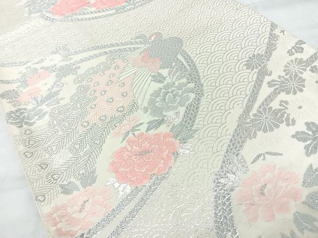 平和屋着物◎六通柄袋帯　唐織　孔雀花文　銀糸　正絹　逸品　CAAY5332nb