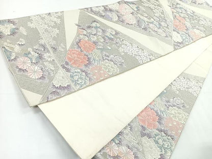 平和屋着物◎六通柄袋帯　唐織　孔雀花文　銀糸　正絹　逸品　CAAY5365nb