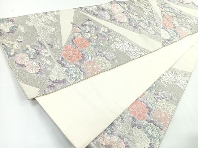 平和屋着物◎六通柄袋帯　唐織　孔雀花文　銀糸　正絹　逸品　CAAY5365nb