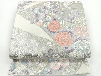 平和屋着物◎六通柄袋帯　唐織　孔雀花文　銀糸　正絹　逸品　CAAY5365nb