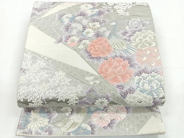 平和屋着物◎六通柄袋帯　唐織　孔雀花文　銀糸　正絹　逸品　CAAY5365nb