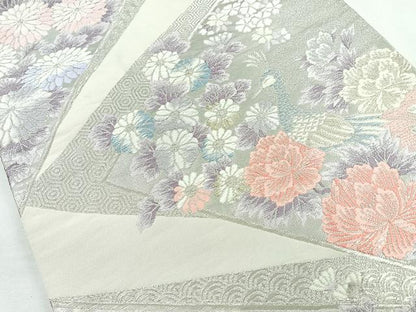 平和屋着物◎六通柄袋帯　唐織　孔雀花文　銀糸　正絹　逸品　CAAY5365nb