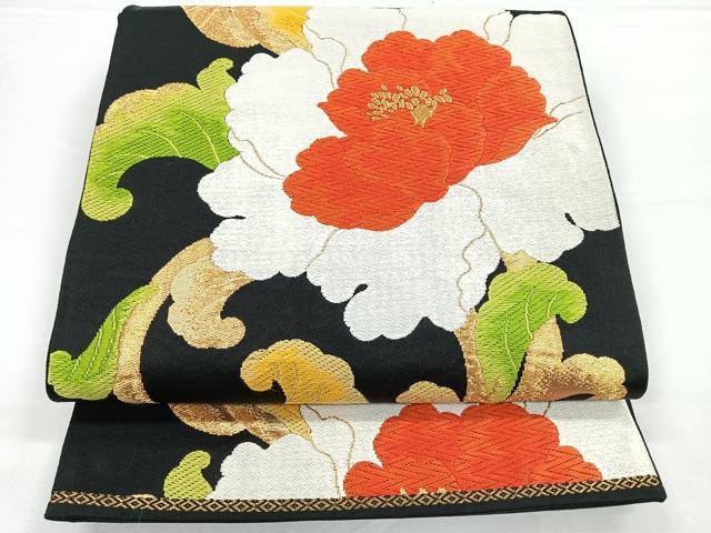 平和屋着物◎六通柄袋帯　牡丹文　黒地　金糸　正絹　逸品　CAAY5473nb