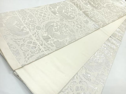 平和屋着物◎全通柄袋帯　孔雀花文　銀糸　正絹　逸品　CAAY5491nb