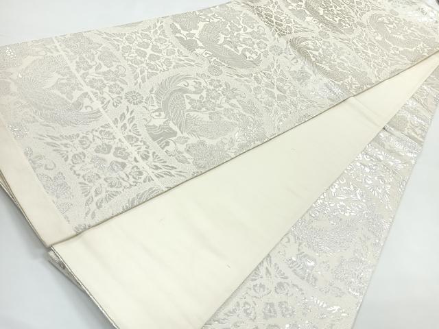 平和屋着物◎全通柄袋帯　孔雀花文　銀糸　正絹　逸品　CAAY5491nb