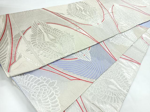 平和屋着物◎佐賀錦　両面　全通柄袋帯　向かい鶴菱文　銀糸　正絹　逸品　CAAY5512nb