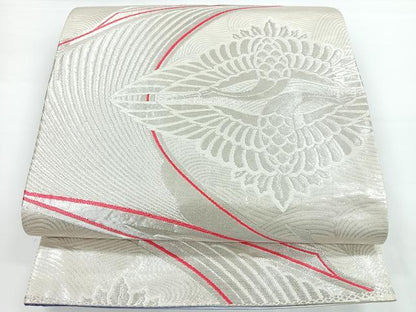 平和屋着物◎佐賀錦　両面　全通柄袋帯　向かい鶴菱文　銀糸　正絹　逸品　CAAY5512nb