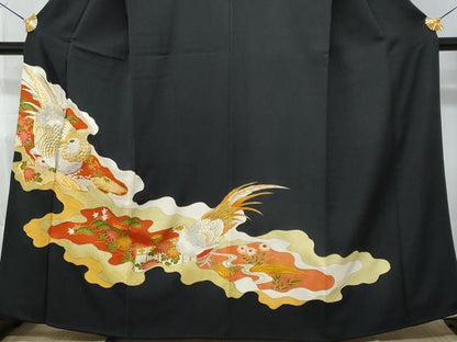 平和屋着物■豪華黒留袖　駒刺繍　鳳凰花文　金彩　正絹　逸品　CAAY5617fb