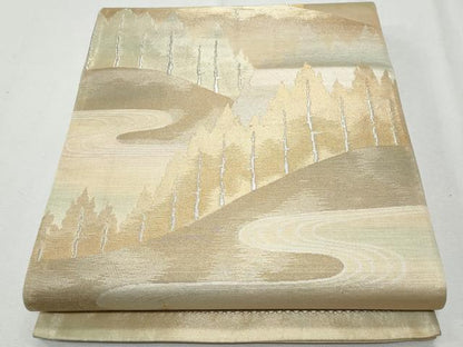 平和屋着物◎六通柄袋帯 流水遠山樹林文 銀糸 正絹 逸品 CAAY5823fb