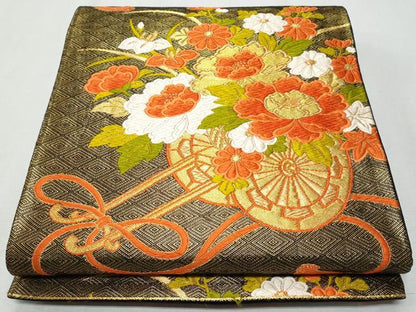 平和屋着物◎六通柄袋帯唐織　花車文　黒地　金糸　やまとオリジナル　正絹　逸品　CAAY5964fb