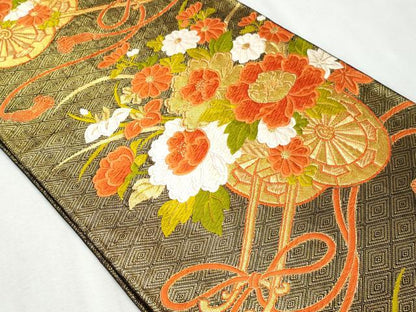平和屋着物◎六通柄袋帯唐織　花車文　黒地　金糸　やまとオリジナル　正絹　逸品　CAAY5964fb