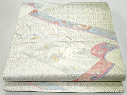 平和屋着物◎六通柄袋帯　唐織　飛鶴立波花文　九百錦　プラチナ箔　正絹　逸品　CAAY5984fb