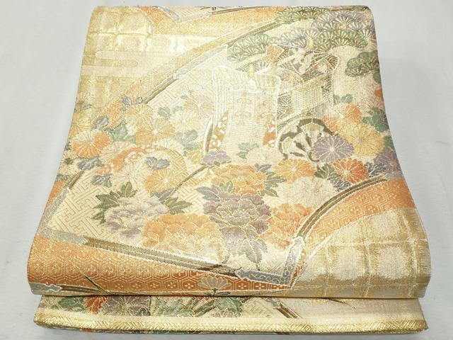 平和屋着物◎佐賀錦　六通柄袋帯　地紙御所車花文　金銀糸　正絹　逸品　CAAY5990fb