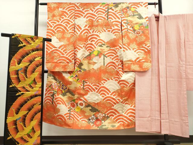 平和屋着物∵女の子 十三参り 子供 祝着・長襦袢・袋帯セット 刺繍 雲取り流水渡橋吉祥花文 金通し地 逸品 CAAY6019ze