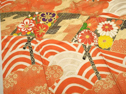 平和屋着物∵女の子 十三参り 子供 祝着・長襦袢・袋帯セット 刺繍 雲取り流水渡橋吉祥花文 金通し地 逸品 CAAY6019ze
