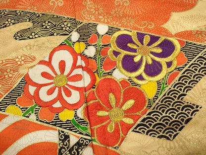 平和屋着物∵女の子 十三参り 子供 祝着・長襦袢・袋帯セット 刺繍 雲取り流水渡橋吉祥花文 金通し地 逸品 CAAY6019ze