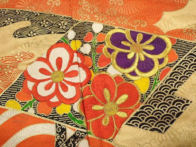 平和屋着物∵女の子 十三参り 子供 祝着・長襦袢・袋帯セット 刺繍 雲取り流水渡橋吉祥花文 金通し地 逸品 CAAY6019ze