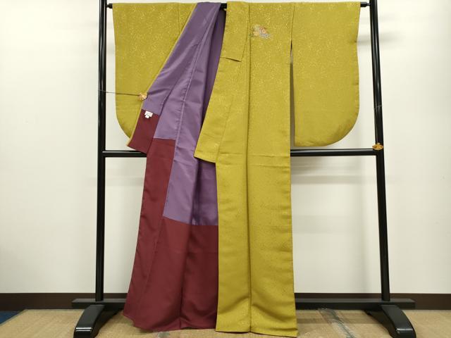 平和屋着物●世界的ファッションデザイナー　山本寛斎　kansaiブランド　小振袖　二尺袖 山吹茶色 孔雀草花文 金銀彩 洗える着物CAAY6207ze