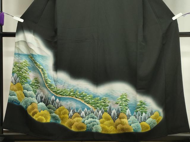 平和屋着物■豪華黒留袖　刺繍　風景文　暈し染め　正絹　逸品　CAAY6434gh