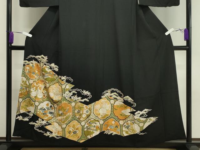 平和屋着物■豪華黒留袖　駒刺繍　御所車松竹梅文　金彩　正絹　逸品　CAAY6486gh