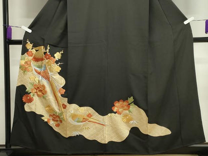 平和屋着物■豪華黒留袖　刺繍　尾長鳥花文　金彩　正絹　逸品　CAAY6549gh
