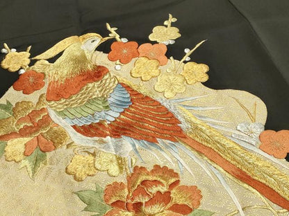 平和屋着物■豪華黒留袖　刺繍　尾長鳥花文　金彩　正絹　逸品　CAAY6549gh