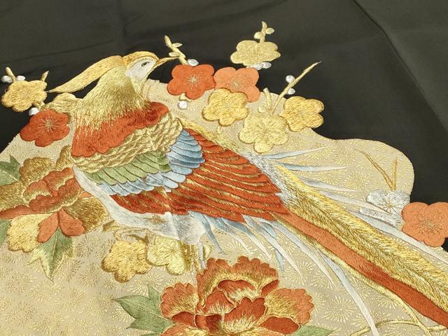 平和屋着物■豪華黒留袖　刺繍　尾長鳥花文　金彩　正絹　逸品　CAAY6549gh