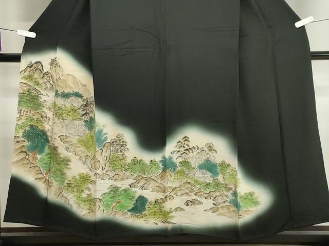 平和屋着物■豪華黒留袖　刺繍　手描き　風景文　暈し染め　金糸　正絹　逸品　CAAY6566gh