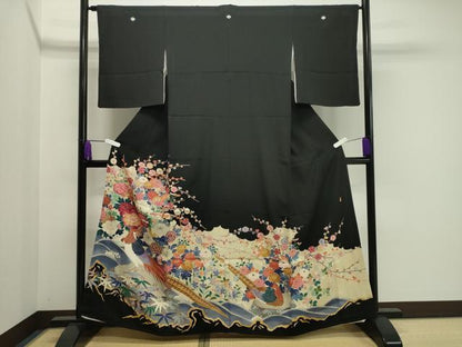 平和屋着物●本加賀友禅作家　百貫華峰　黒留袖　尾長鳥花文　暈し染め　金彩　正絹　逸品　CAAY6782gh