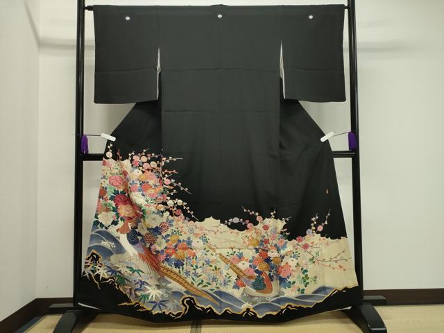 平和屋着物●本加賀友禅作家　百貫華峰　黒留袖　尾長鳥花文　暈し染め　金彩　正絹　逸品　CAAY6782gh