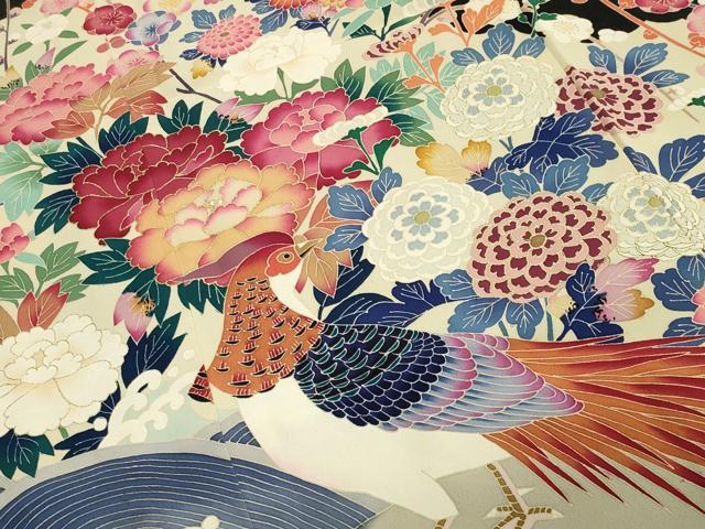 平和屋着物●本加賀友禅作家　百貫華峰　黒留袖　尾長鳥花文　暈し染め　金彩　正絹　逸品　CAAY6782gh
