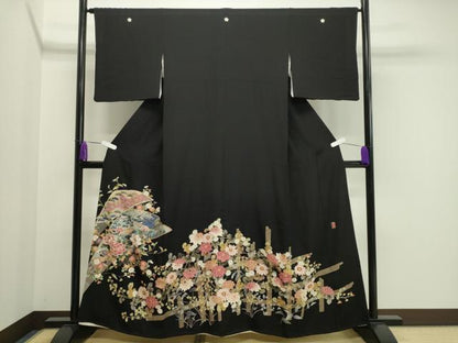 平和屋着物●豪華黒留袖 友禅 作家物 扇面舟花文 正絹 逸品 CAAY6785gh