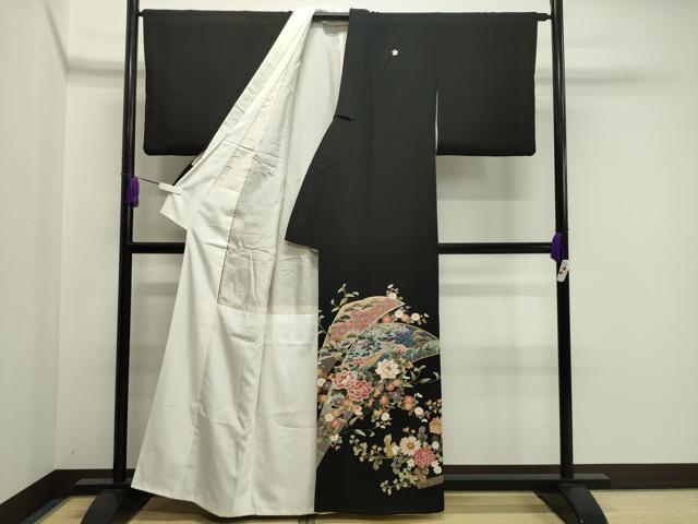 平和屋着物●豪華黒留袖 友禅 作家物 扇面舟花文 正絹 逸品 CAAY6785gh