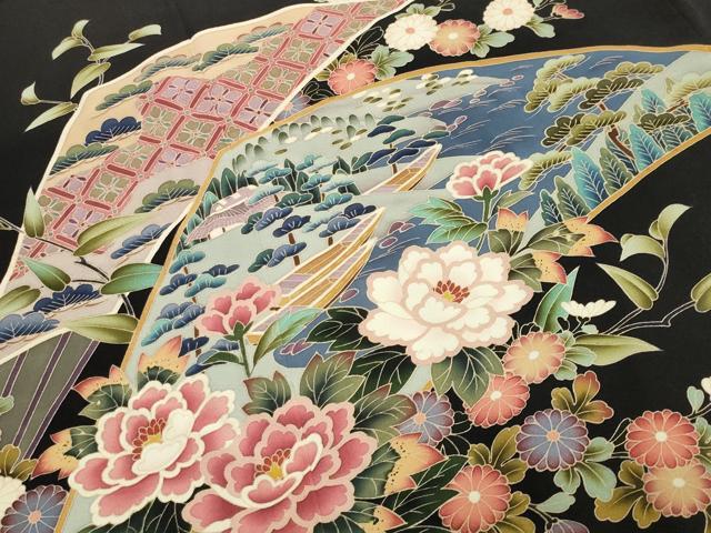 平和屋着物●豪華黒留袖 友禅 作家物 扇面舟花文 正絹 逸品 CAAY6785gh