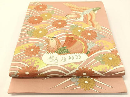 平和屋着物●太鼓柄袋帯　駒刺繍　立波鴛鴦菊文　金彩　引箔　正絹　逸品　未使用　CAAY6810vp